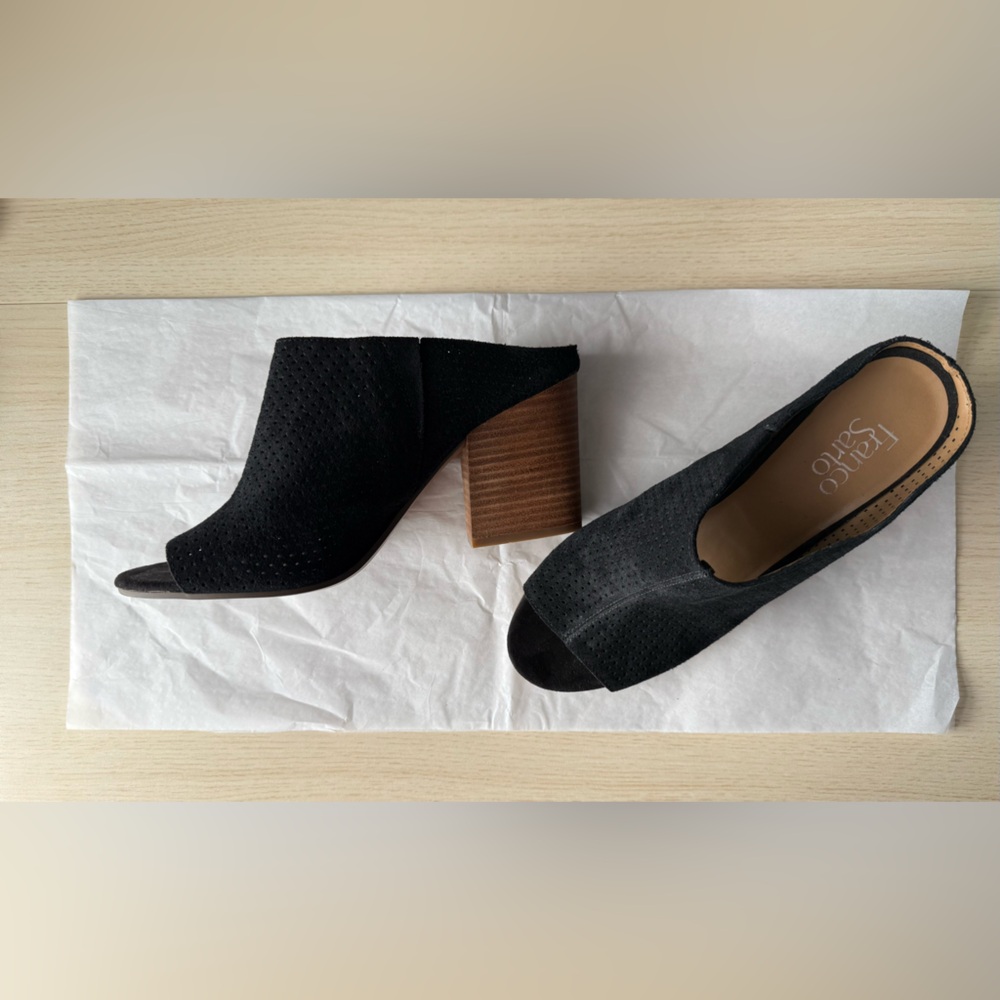 Franco Sarto Black Open-Toe Block Heel Mules